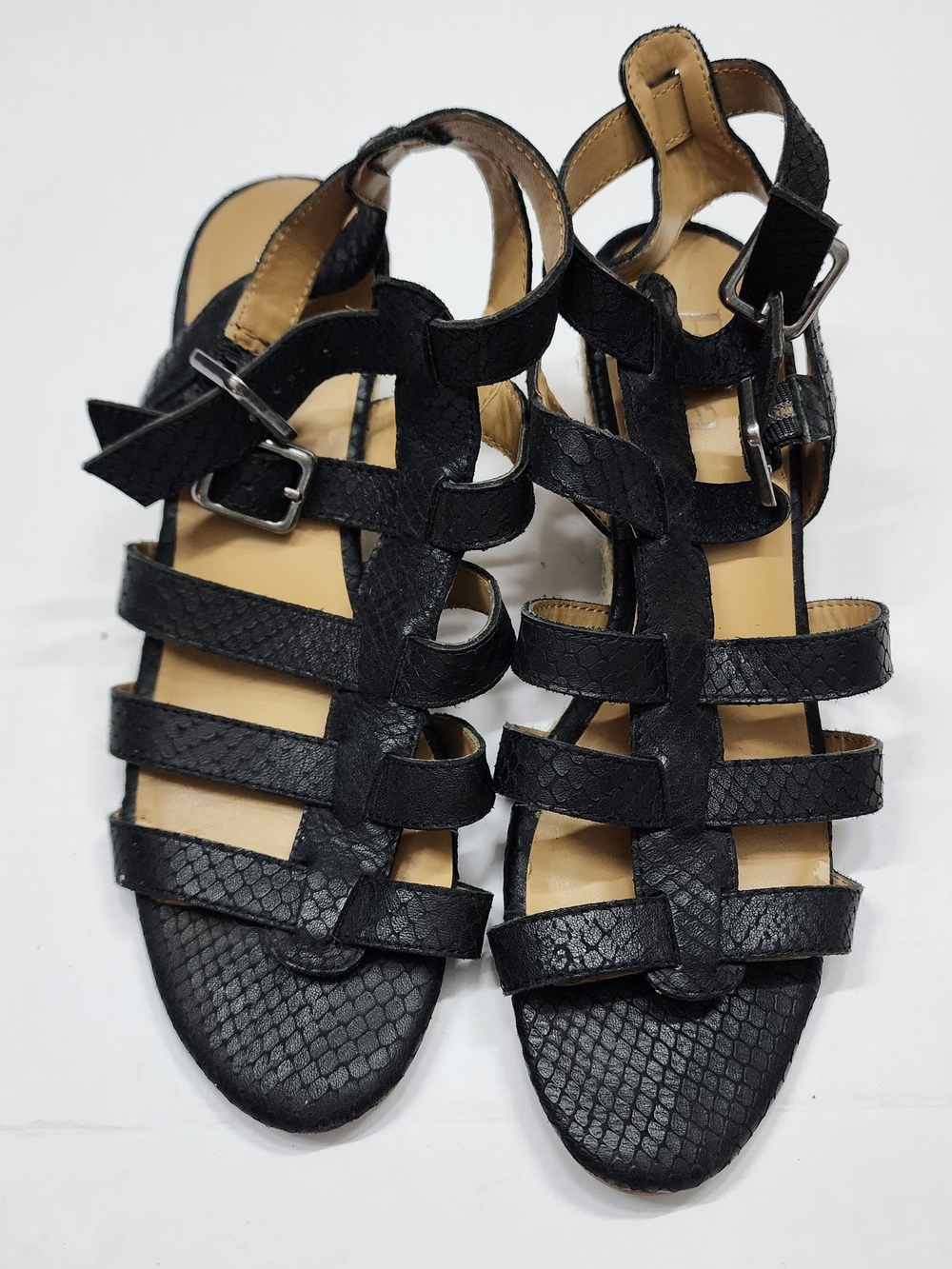 Reba Black Strappy Wedge Heel Fuax Snake Skin Leather Summer Festival Hippie